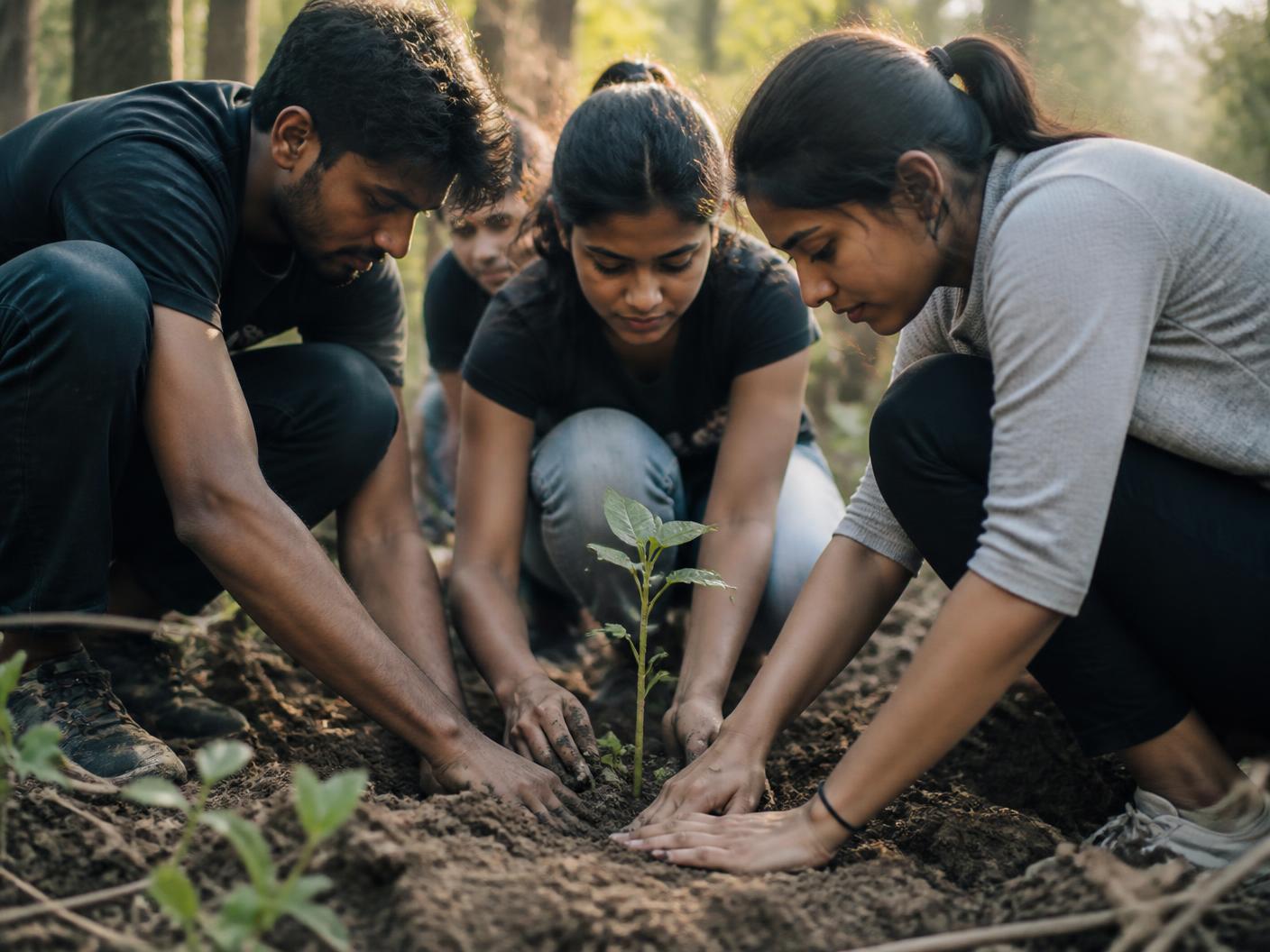 Volunteers pressing soil around a newly planted sapling in a wooded area