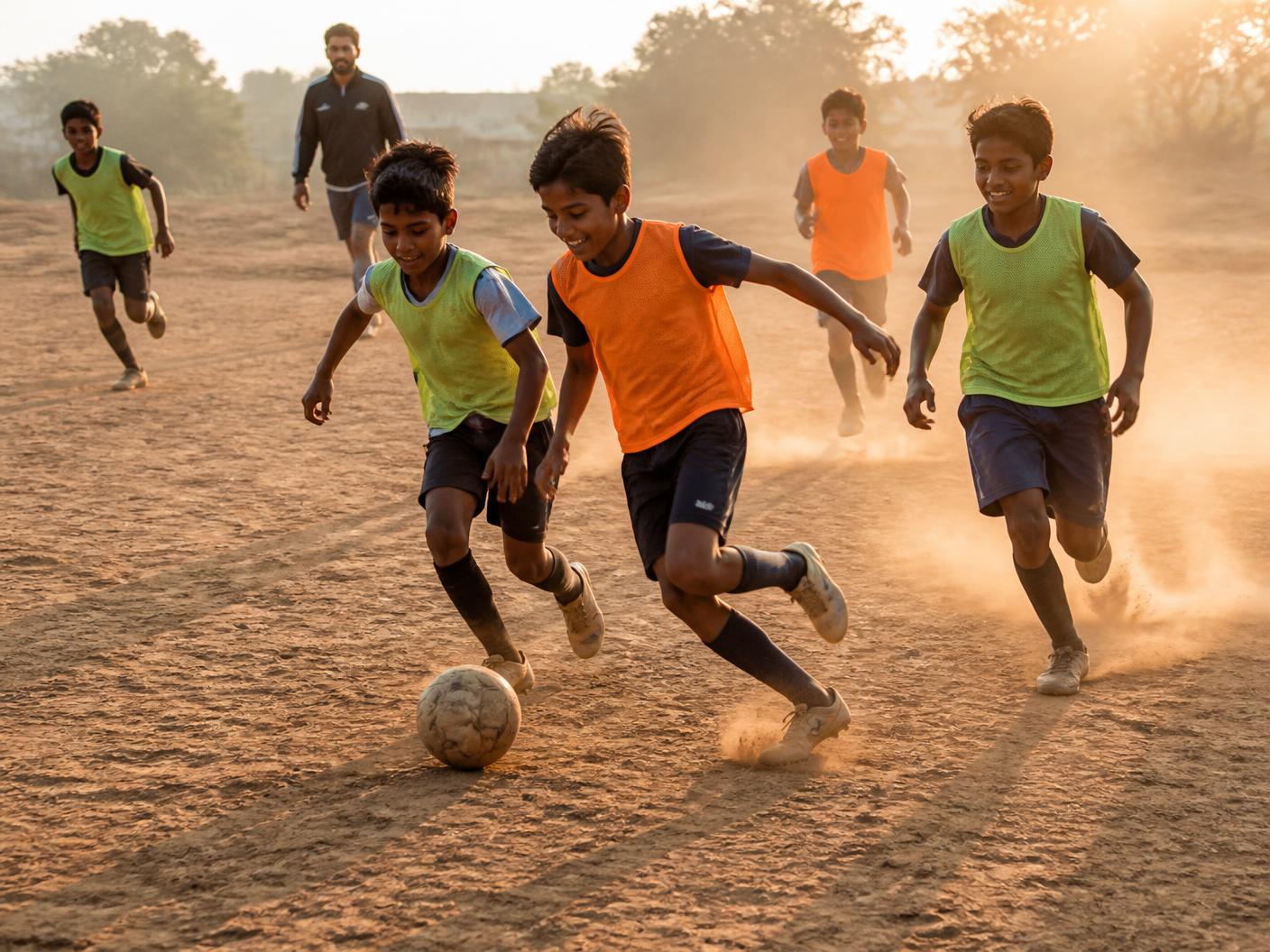 Young players running with a football across an open ground at sunset