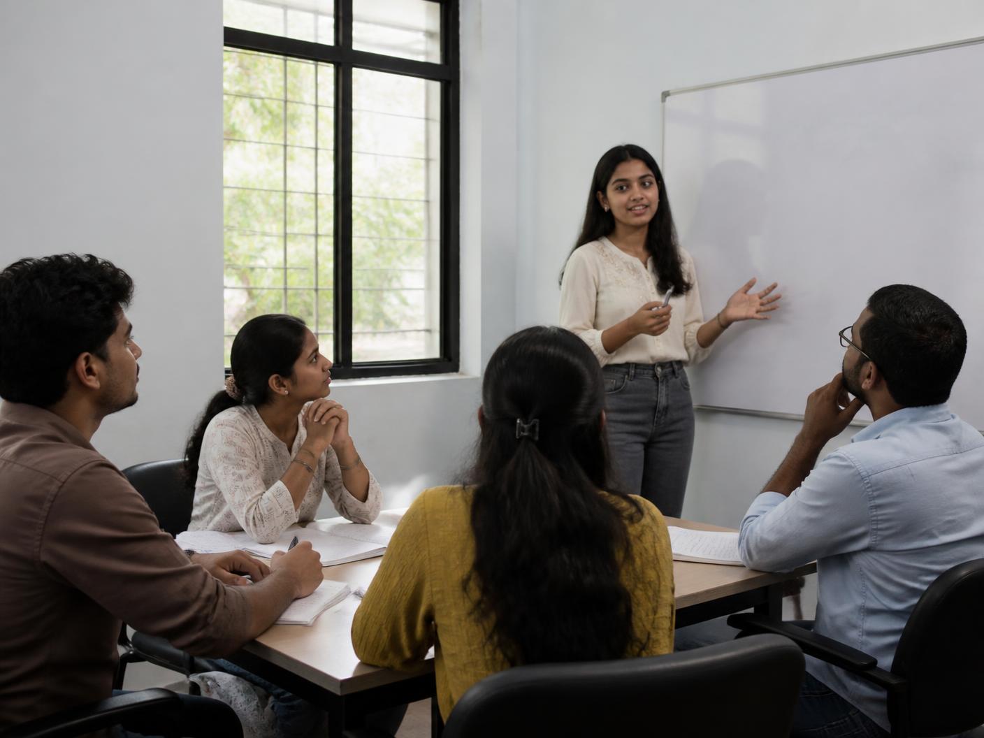 Young adults in a training session, one presenting at a whiteboard